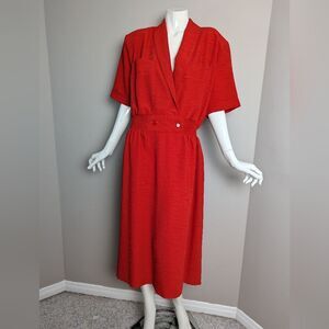 Vintage Red Faux Wrap Midi Dress Women’s XL Cinched Waist Shoulder Pads
